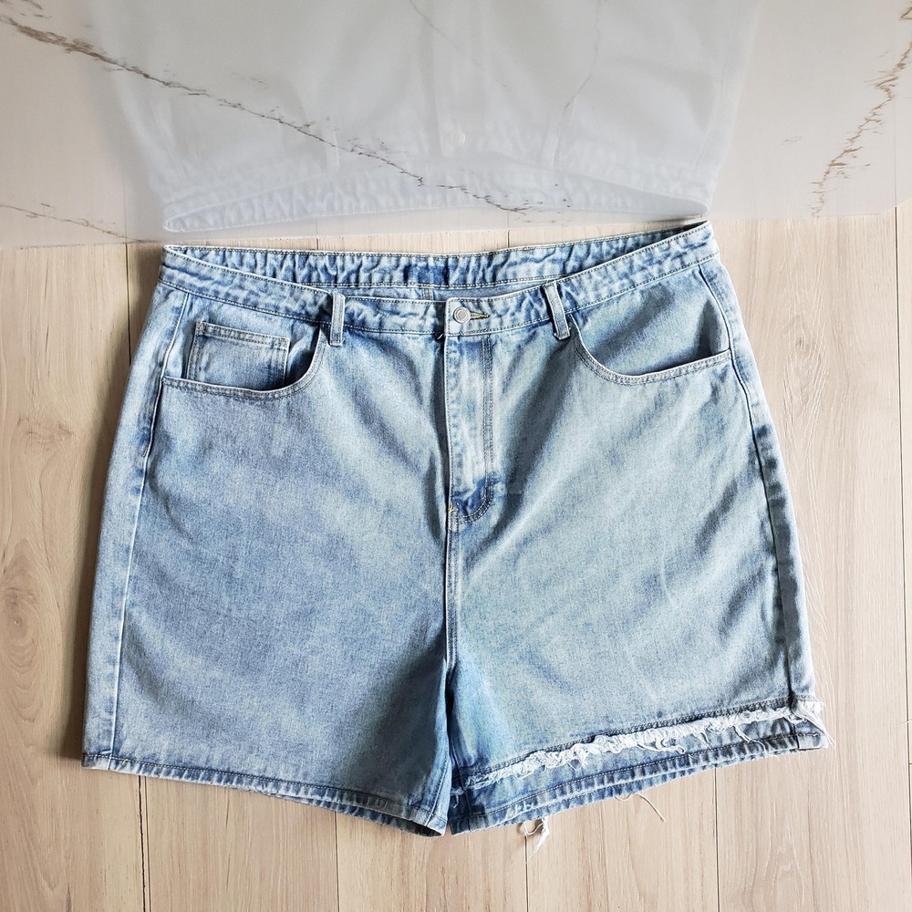 PrettyLittleThing Denim Shorts Womens 20 Blue Cut Off Fringe Hem Relaxed Summer